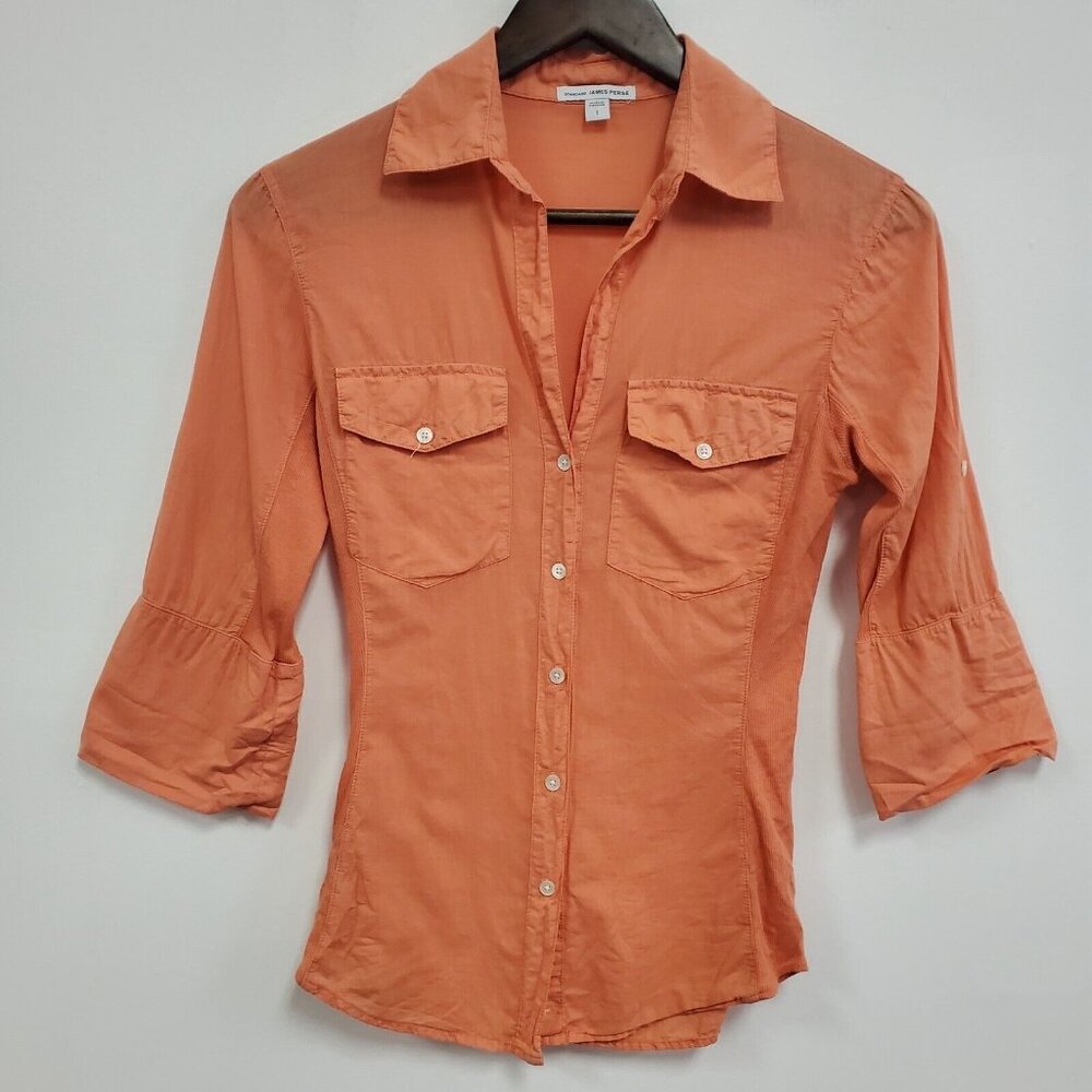 James Perse Womens 3/4 Sleeve Button Up Top Size 1 S Orange Lightweight Minimal
